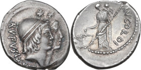 Mn. Cordius Rufus. AR Denarius, 46 BC. Obv. RVFVS·III·VIR. Jugate heads of the Dioscuri right, wearing pilei decorated with fillet and surmounted by s...