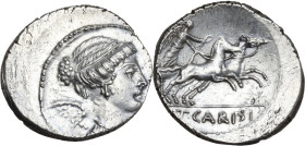T. Carisius. AR Denarius, 46 BC. Obv. Bust of Victory right. Rev. Victory in biga right, holding reins and wreath; in exergue, T·CARISI. Cr. 464/4; B....