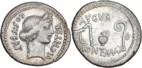 Julius Caesar. AR Denarius, uncertain mint, 46 BC. Obv. Head of Ceres right; behind, COS·TERT; before, DICT·ITER. Rev. Culullus, aspergillum, jug and ...