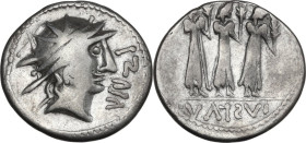 Geto-Dacians. AR Denarius, after 43 BC. Geta-Dacian imitation, copying P. Accoleius Lariscolus on reverse. Obv. Helmeted head of Roma right; blundered...