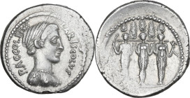 P. Accoleius Lariscolus. AR Denarius, 43 BC. Obv. P. ACCOLEIVS LARISCOLVS. Draped bust of Diana Nemorensis right. Rev. Triple cult statue of Diana Nem...