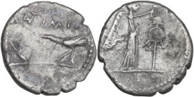 Marcus Antonius. AR Quinarius, unknown mint in Gallia Transalpina and Cisalpina, 43-42 BC. Obv. Lituus, jug and raven; above, M·ANT·IMP (ANT ligate). ...