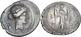 P. Clodius M. f. Turrinus. AR Denarius, 42 BC. Obv. Laureate head of Apollo right; behind, lyre. Rev. Diana standing facing, with bow and quiver over ...