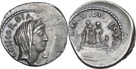L. Mussidius Longus. AR Denarius, 42 BC. Obv. CONCORDIA. Diademed and veiled bust of Concord right; below chin, crescent. Rev. L. MVSSIDIVS LONGVS. Pl...