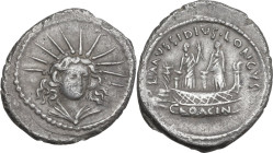 L. Mussidius Longus. AR Denarius, Rome mint, 42 BC. Obv. Draped and radiate bust of Sol facing. Rev. Shrine of Venus Cloacina, inscribed CLOACIN; abov...