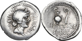 C. Cassius and Lentulus Spinther. AR Denarius, mint moving with Brutus and Cassius (probably Smyrna) 43-42 BC. Obv. C·CASSI·IMP – LEIBERTAS. Diademed ...
