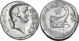 Mark Antony with Cn. Domitius Athenobarbus. AR Denarius, 41-40 BC, mint moving with Mark Antony. Obv. ANT. IMP. III VIR. R.P.C. Bare head of Mark Anto...
