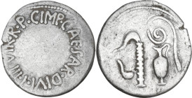 Octavian. AR Denarius, uncertain mint moving with Octavian, 37 BC. Obv. Around, IMP CAESAR DIVI F III VIR R P C. Rev. Simpulum, aspergillum, oinochoe ...