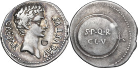 Augustus (27 BC - 14 AD). AR Denarius. Spanish mint (Emerita?). Struck 19-18 BC. Obv. CAESAR AVGVSTVS. Bare head right. Rev. Round shield inscribed S ...