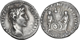 Augustus (27 BC - 14 AD). AR Denarius, Lugdunum mint, c. 2 BC-4 AD. Obv. CAESAR AVGVSTVS DIVI F PATER PA[TRIAE]. Laureate head right. Rev. AVGVSTI F C...