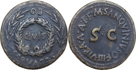 Augustus (27 BC - 14 AD). AE Sestertius. M. Sanquinius, moneyer. Struck 17 BC. Obv. CIVIS in oak-wreath flanked by two laurel branches; above and belo...