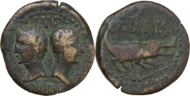 Augustus (27 BC - 14 AD) with Agrippa. AE As, Nemausus mint, c. 10 BC-10 AD. Obv. Heads of Agrippa, wearing combined rostral crown and laurel wreath, ...