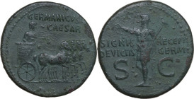Germanicus (died in 19 AD). AE Dupondius, struck under Caligula, 37-41. Obv. GERMANICVS CAESAR. Germanicus, bare-headed and cloaked, standing in quadr...