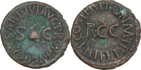 Gaius (37-41). AE Quadrans, Rome mint, 39-40 AD. Obv. C CAESAR DIVI AVG PRON AVG. Pileus flanked by S C. Rev. PON M TR P III P P COS TERT. Legend surr...