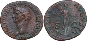 Claudius (41-54). AE As, Rome mint, 41-50. Obv. TI CLAVDIVS CAESAR AVG P M TR P IMP. Bare head left. Rev. LIBERTAS AVGVSTA SC. Libertas, draped, stand...