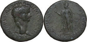 Claudius (41-54). AE Sestertius. Rome mint, 42-43 AD. Obv. TI CLAVDIVS CAESAR AVG PM T R P IMP P P. Laureate head right. Rev. SPES AVGVSTA SC. Spes ad...
