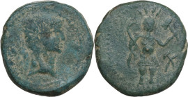 Augustus (27 BC-14 AD) (?). AE 21.5mm. Ebusus (Hispania). Obv. Bare head of Claudius(?) right. Rev. Bes standing facing, holding serpent in right hand...