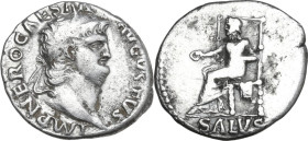 Nero (54-68). AR Denarius. Rome mint, 66-67. Obv. IMP NERO CAESAR AVGVSTVS. Laureate head right. Rev. SALVS (in exergue). Salus seated left, holding p...