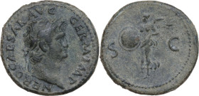 Nero (54-68). AE As, Rome mint, c. 65 AD. Obv. NERO CAESAR AVG GERM IMP. Laureate head right. Rev. S - C. Victory flying left, holding shield inscribe...