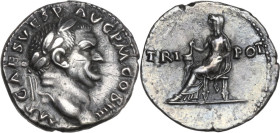 Vespasian (69-79). AR Denarius, 72-73. Obv. IMP CAES VESP AVG P M COS IIII. Laureate head right. Rev. TRI - POT. Vesta seated left, holding simpulum. ...