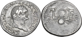 Vespasian (Divus, died 79). AR Denarius, struck under Titus. Obv. DIVVS AVGVSTVS VESPASIANVS. Laureate head right. Rev. SC on shield supported by two ...