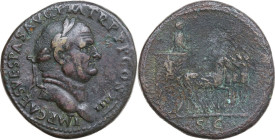 Vespasian (Divus, died 79). AE Sestertius, c. 72-73 AD. Obv. IMP CAES VESPA AVG P M TR P P P COS IIII. Laureate head right. Rev. Vespasian holding sce...