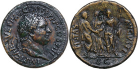 Titus (79-81). AE Sestertius, 80-81 AD. Obv. IMP T CAES VESP AVG P M TR P P P COS VIII. Laureate head right. Rev. PIETAS - AVGVSTI, S C in exergue. To...