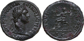 Domitian (81-96). AE Sestertius. Rome mint, 95-96 AD. Obv. IMP CAES DOMIT AVG GERM COS XV CENS PER PP. Laureate head right. Rev. IOVI VICTORI SC (in e...