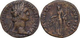 Domitian (81-96). AE As, Rome mint, 92-94 AD. Obv. IMP CAES DOMIT AVG GERM COS XVI CENS PER P P. Laureate head right. Rev. MONETA AVGVSTI S C. Moneta ...