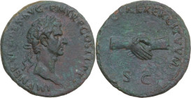 Nerva (96-98). AE As, Rome mint, 96 AD. Obv. IMP NERVA CAES AVG P M TR P COS II PP. Laureate head right. Rev. CONCORDIA EXERCITVVM SC. Clasped hands. ...