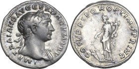 Trajan (98-117). AR Denarius. Rome mint, 103-111 AD. Obv. IMP TRAIANO AVG GER DAC P M TR P. Laureate bust right, with drapery on left shoulder. Rev. C...
