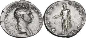 Trajan (98-117). AR Denarius, Rome mint, 114-117 AD. Obv. IMP CAES NER TRAIANO OPTIMO AVG GER DAC. Laureate and draped bust right. Rev. P M TR P COS V...