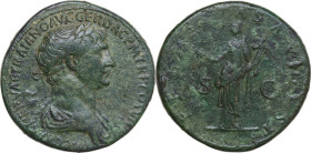 Trajan (98-117). AE Sestertius, 112-114. Obv. IMP CAES NERVAE TRAIANO AVG GER DAC PM TR P COS VI PP. Laureate and draped bust right. Rev. FEL[ICI]TAS ...