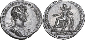 Hadrian (117-138). AR Denarius, Rome mint, 117 AD. Obv. IMP CAES TRAIAN HADRIAN OPT AVG GER DAC. Laureate and draped bust right, wearing balteus. Rev....