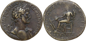 Hadrian (117-138). AE Sestertius, 118 AD. Obv. IMP CAESAR TRAIANVS HADRIANVS AVG. Laureate bust right, slight drapery on left shoulder. Rev. PONT MAX ...