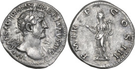 Hadrian (117-138). AR Denarius, 119-120. Obv. IMP CAESAR TRAIANVS HADRIANVS AVG. Laureate bust right, slight drapery on left shoulder. Rev. P M TR P C...