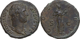 Hadrian (117-138). AE As, Rome mint, 126-127 AD. Obv. HADRIANVS AVGVSTVS. Laureate bust right, slight drapery on left shoulder. Rev. COS III SC. Salus...