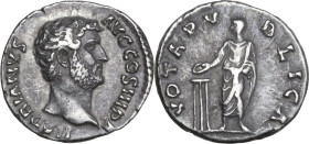 Hadrian (117-138). AR Denarius, Rome mint, 137-July 138. Obv. HADRIANVS AVG COS III P P. Bare head right. Rev. VOTA PVBLICA. Hadrian, veiled, standing...
