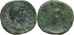 Aelius Caesar (136-138). AE Sestertius, 137 AD. Obv. [L] AELIVS CAESAR. Bare head right. Rev. TR POT COS II SC. Spes advancing left, holding flower an...