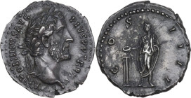 Antoninus Pius (138-161). AR Denarius, Rome mint. 148-149. Obv. ANTONINVS AVG PIVS P P TR P XII. Laureate head right. Rev. COS IIII. Antoninus Pius st...