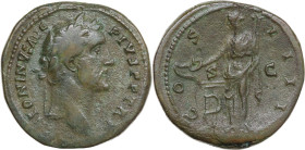 Antoninus Pius (138-161). AE Sestertius, 140-144 AD. Obv. ANTONINVS AVG PIVS PP TR P. Laureate head right. Rev. COS III SC. Salus standing left, feedi...
