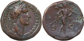 Antoninus Pius (138-161). AE Sestertius, 145-161 AD. Obv. ANTONINVS AVG PIVS PP TR P COS IIII. Laureate head right. Rev. SC. Mars advancing right, hol...
