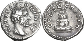 Divus Antoninus Pius (died 161 AD). AR Denarius, struck under Marcus Aurelius. Obv. DIVVS ANTONINVS. Bare-headed bust right, with drapery on far shoul...