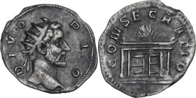 Divus Antoninus Pius (died 161). AR Antoninianus, restored by Trajan Decius, 250-1 AD. Obv. DIVO - PIO. Radiate head of Divus Antoninus Pius right. Re...