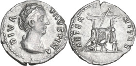 Diva Faustina I, wife of Antoninus Pius (died 141 AD). AR Denarius, after 141 AD. Obv. DIVA FAVSTINA. Draped bust right. Rev. AETERNITAS. Throne, agai...