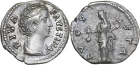 Diva Faustina I, wife of Antoninus Pius (died 141 AD). AR Denarius, Rome mint, 146-161. Obv. DIVA FAVSTINA. Draped bust right. Rev. AVGVSTA. Vesta, ve...