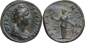 Diva Faustina I, wife of Antoninus Pius (died 141 AD). AE Sestertius, Rome mint, after 141 AD. Obv. DIVA FAVSTINA. Draped bust right. Rev. AETERNITAS ...