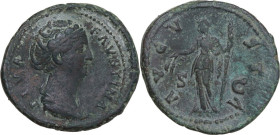 Diva Faustina I, wife of Antoninus Pius (died 141 AD). AE As, Rome mint. 146-161. Obv. DIVA FAVSTINA. Draped bust right. Rev. AVGVSTA SC. Ceres standi...