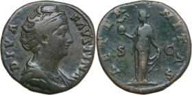 Diva Faustina I, wife of Antoninus Pius (died 141 AD). AE Sestertius, Rome mint, after 141 AD. Obv. DIVA FAVSTINA. Draped bust right. Rev. AETERNITAS ...