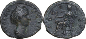 Diva Faustina I, wife of Antoninus Pius (died 141 AD). AE As. Obv. DIVA FAVSTINA. Draped bust right. Rev. AVGVSTA. Vesta seated left, holding palladiu...